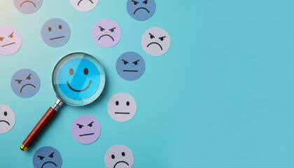 Searching for Happiness and Positive Mindset Concept with Magnifying Glass Over Smiling Face