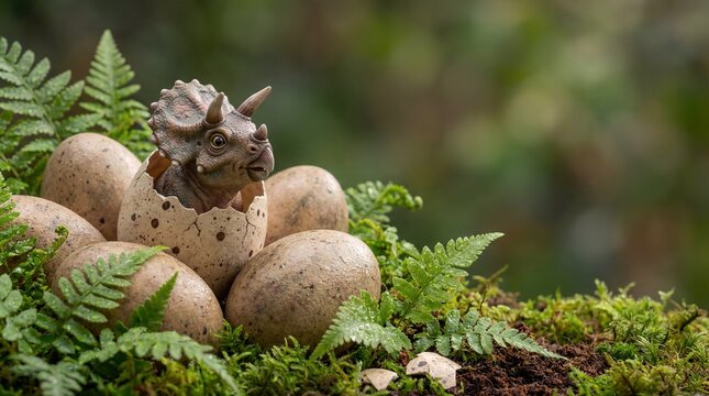 Newborn Triceratops Hatching From Speckled Egg In Mossy Fern Nest