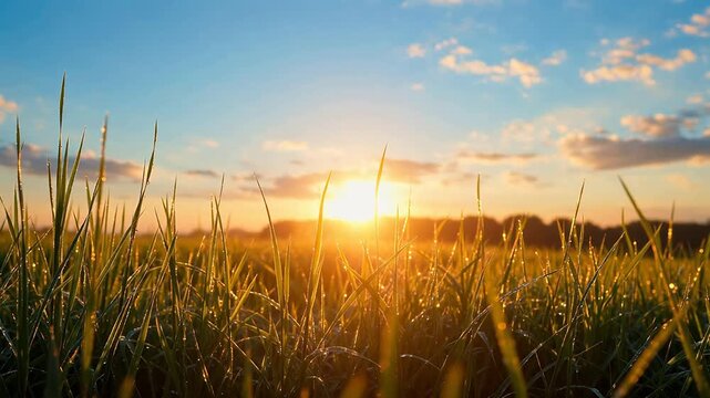 Sunrise over dewy grass field