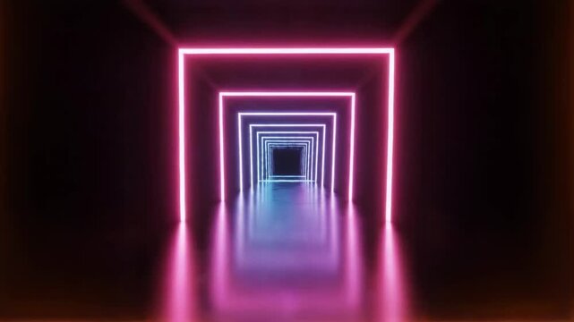 Enter the digital void with a glowing neon square tunnel receding into darkness. Perfect background for technology, music, or sci-fi projects.