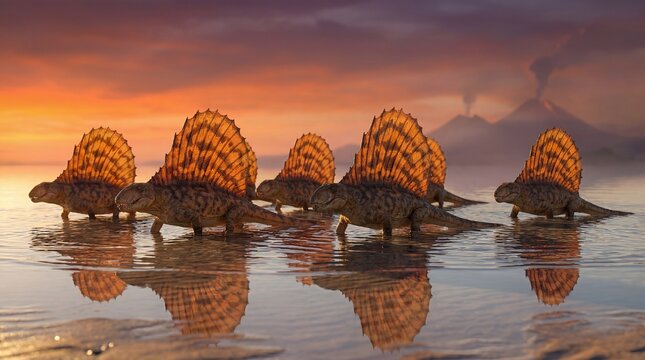 Group of Dimetrodon Reptiles Walking in Water at Sunset with Volcanoes 3D Render