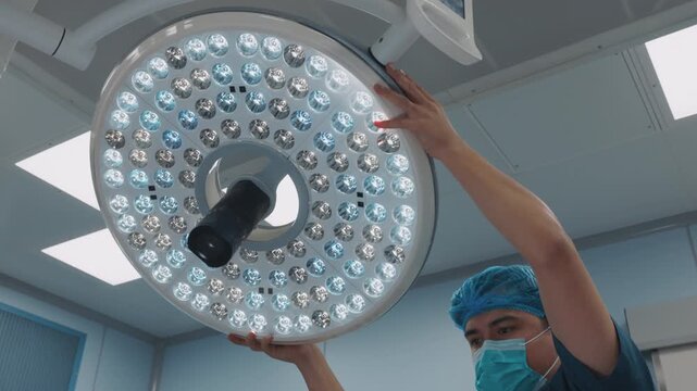 Surgeons performing a medical procedure in a hospital operating room while the patient lies on an operating table. Medical team in sterile uniforms working with surgical equipment in a controlled
