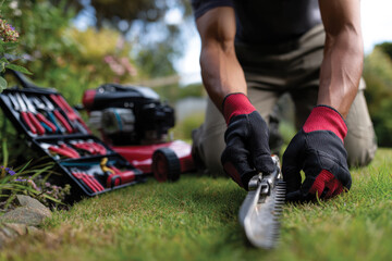 An individual is seen kneeling on the grass, preparing a hedge trimmer with dedication during a blossoming day, emphasizing the art of gardening and maintenance outdoors.