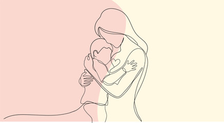 Continuous line drawing of mother hugging her child with heart symbol on soft pink background