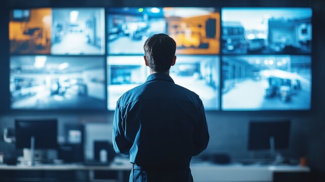 Security guard monitoring cctv surveillance systems control room digital footage high-tech environment professional viewpoint