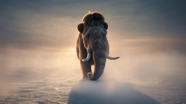 4K Majestic woolly mammoth walking through a misty, snowy landscape at sunrise, an ancient giant in a prehistoric, cold wilderness video