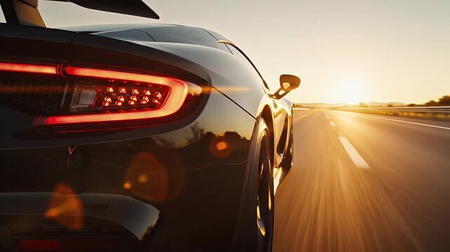 Dynamic Luxury Sports Car Accelerating on Open Highway Towards Golden Sunset Horizon.