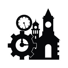 Fototapeta premium A vintage clock tower with gears and a clock face in the foreground Vector
