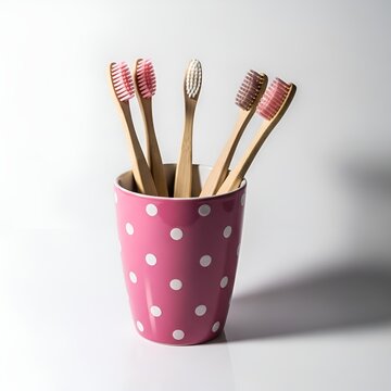 Bamboo toothbrushes in a pink polkadot cup on a white surface