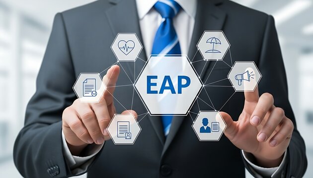 Businessman presenting Employee Assistance Program EAP benefits in modern office