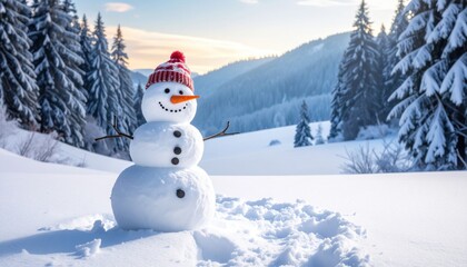 Obraz premium A cheerful snowman stands in a snowy landscape against a backdrop of evergreen trees and mountains