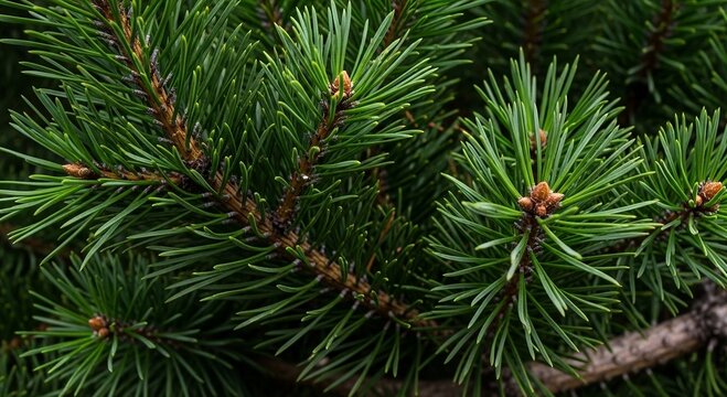 Detail of pine tree branch with needles and buds