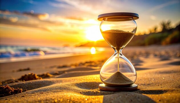 An hourglass rests on a sandy beach as the sun sets, casting warm light across the scene