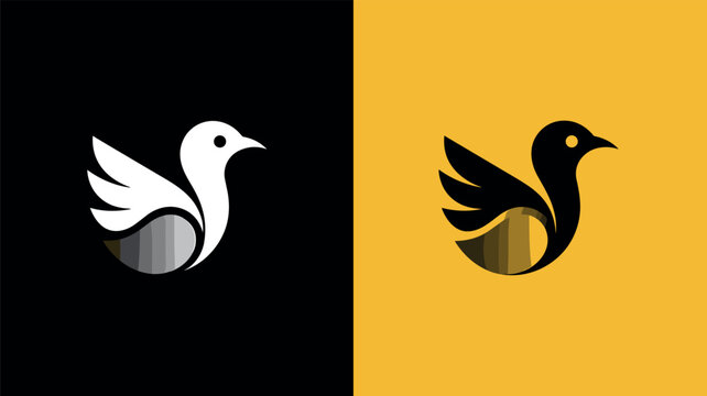 Modern bird logo vector icon with stylized wings minimal animal symbol isolated on black and yellow backgrounds