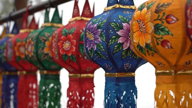 A vibrant array of colorful traditional lanterns hangs gracefully in a row, each meticulously decorated with intricate floral patterns. These ornate paper or fabric lanterns showcase rich hues of blue