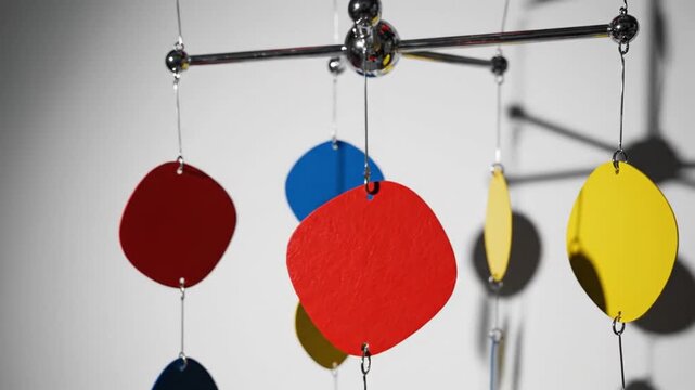 Close-up shot of colorful metal mobile with red, blue, and yellow discs hanging from a metal rod against a plain white background with shadows.