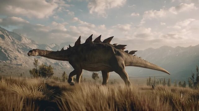 4K Majestic longnecked dinosaur with prominent dorsal spines walking through a vast, ancient landscape with mountains and dry grass under a dramatic sky video
