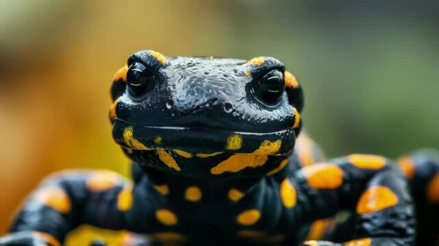 A black and orange amphibian with shiny skin and expressive eyes observes the world, emphasising the beauty of wildlife, which would be ideal for a scientific journal as an atmospheric background.

