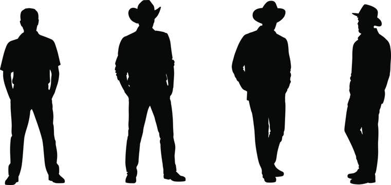 Black silhouette collection of men wearing cowboy hats and casual clothing standing in different profile views for western fashion and rural lifestyle concepts.