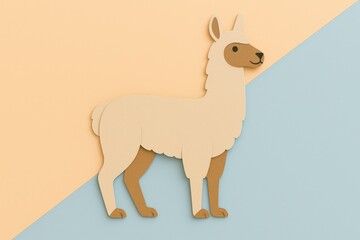 Obraz premium Whimsical paper cutout illustration of a llama standing upright, featuring soft cream and tan tones in a layered papercraft style, placed against a pastel-colored background.