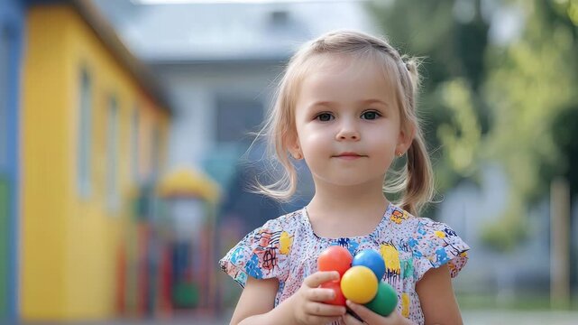 little girl with a toy on the background of the school. Selective focus