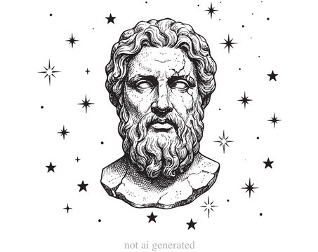 A detailed, hand-drawn ink illustration of an ancient Greek philosopher's bust, possibly representing Socrates, Plato, or Aristotle. The classical sculpture is depicted with weathered marble textures 