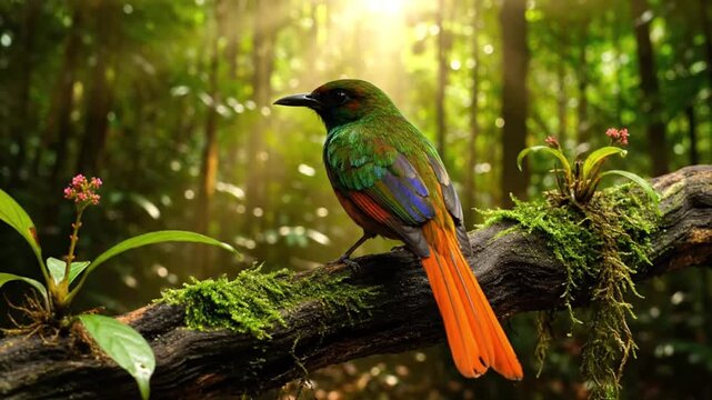 A vibrantly feathered tropical bird displays a stunning array of emerald green, deep blue, and vivid orange plumage as it perches serenely on a moss-covered branch within a lush, sun-dappled rainfores