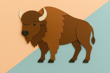 Stylized bison illustration created with layered paper cutout shapes in warm pastel colors, ideal for wildlife themes, education, and modern design.