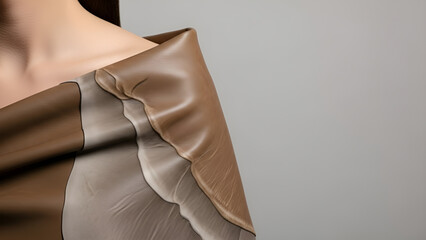 Close-up of Brown Silk Fabric Draped on Female Shoulder - Elegant Textile Texture - Luxury Fashion and Material Concept