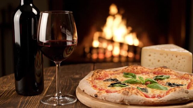 A visually appealing close-up shot captures a delicious, freshly baked pizza adorned with vibrant green basil and melted cheese, resting on a rustic wooden surface. Beside it, a full bottle of rich re