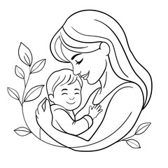 Monochrome line art of a mother tenderly embracing her happy baby, surrounded by elegant leaves