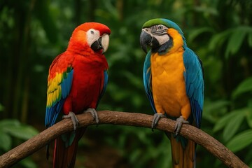 Two vibrant macaws perched on a branch in lush tropical rainforest, showcasing exotic wildlife, bright feathers, and natural harmony in a jungle setting.