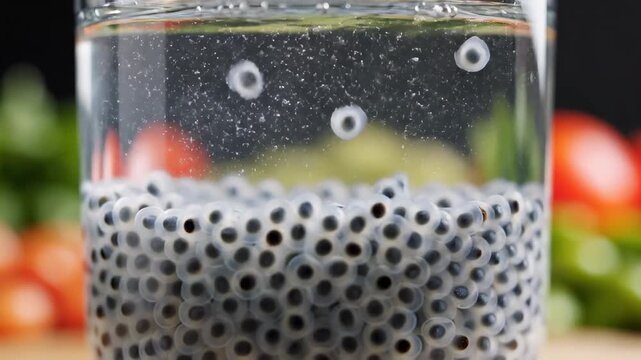 Basil seeds swelling in water glass 4K Video