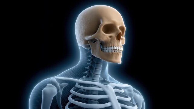 rotating human skeleton upper body with glowing outline medical anatomy scan showing skull and cervical spine on black background