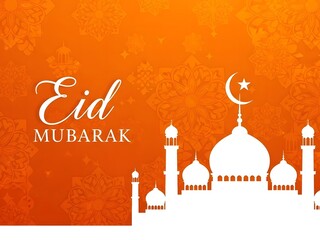 A vibrant orange eid mubarak background featuring a white mosque silhouette crescent moon and star design conveying festive greetings high quality