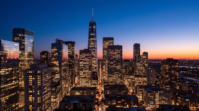 Panoramic view of a city skyline at dusk with skyscrapers and illuminated buildings against a vibrant blue and orange gradient sky.