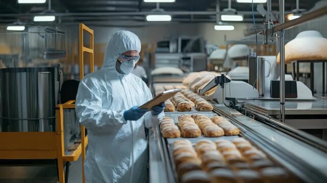 checking the quality of bread on the conveyor. Selective focus