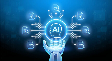 Robotic hand holding glowing blue A I symbol with circuit board and document robotic hand, ai symbol, glowing blue, circuit board, documents, technology, artificial intelligence, innovation, futuristi