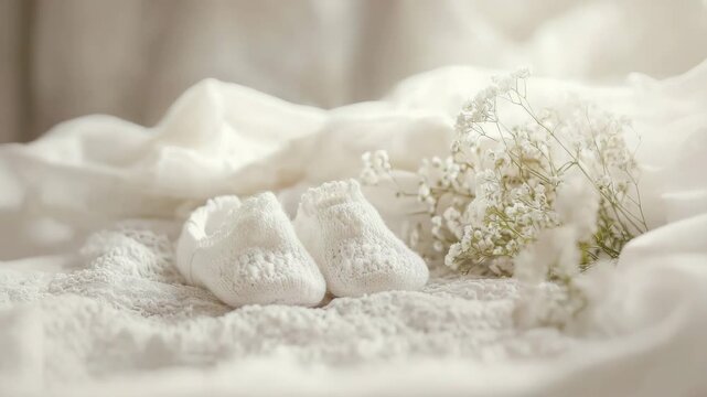 children's booties white background flowers. Selective focus