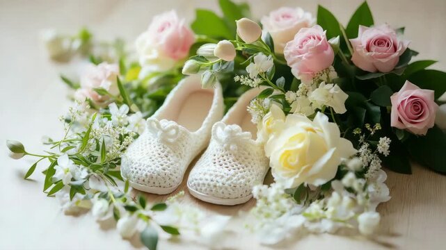 children's booties white background flowers. Selective focus