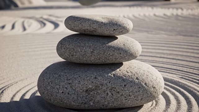 Close-up shot of a stack of three smooth gray stones on raked sand with circular patterns.