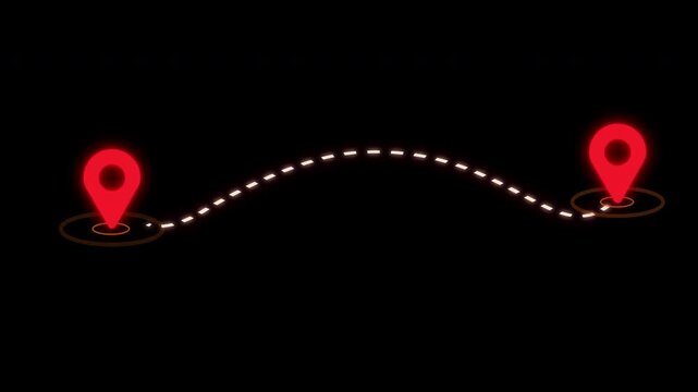 Animation Glowing location line map tracking icon location mark pointer video animated, two location icon connected by animated on black background, alpha channel only 4k