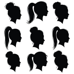 Set of Various Women Hairstyles Profiles with Ponytails and Buns Silhouette Collection

