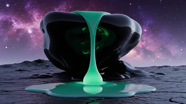 An otherworldly and visually striking 3D animation captures a dark, glossy, amorphous mass resting on a desolate, cracked alien terrain. From this mysterious, reflective object, a vibrant, fluorescent