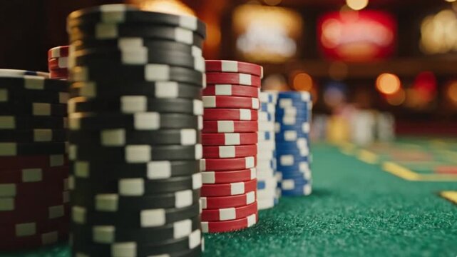 Close-up of vibrant stacks of black, red, and blue gaming chips meticulously arranged on a classic green felt table. The softly blurred background features warm, inviting bokeh lights, creating an imm