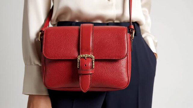 Close-up on a vibrant red, pebbled leather shoulder bag or crossbody, featuring elegant gold-toned hardware and a decorative buckle. The stylish bag is worn by a person in a sophisticated outfit, high