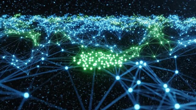 Glowing network connections map with green and blue nodes on a dark background with stars, representing global communication and technology.