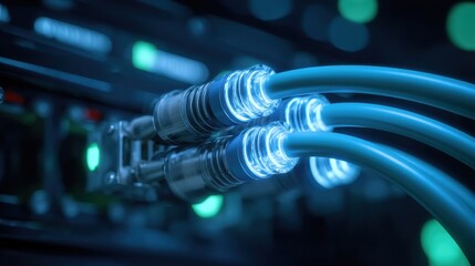 Fototapeta premium Glowing Blue Fiber Optic Cables Connected to High-Tech Network Equipment in a Dimly Lit Environment