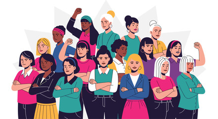 Obraz premium A diverse group of women of different ethnicities and ages standing together with arms crossed or fists raised.
