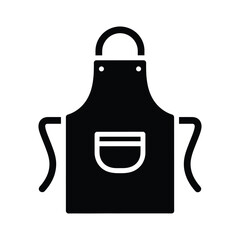 Obraz premium Solid black silhouette icon of a professional cooking apron with neck strap and waist ties, featuring a front pocket, isolated on a clean white background for graphic design and culinary branding.